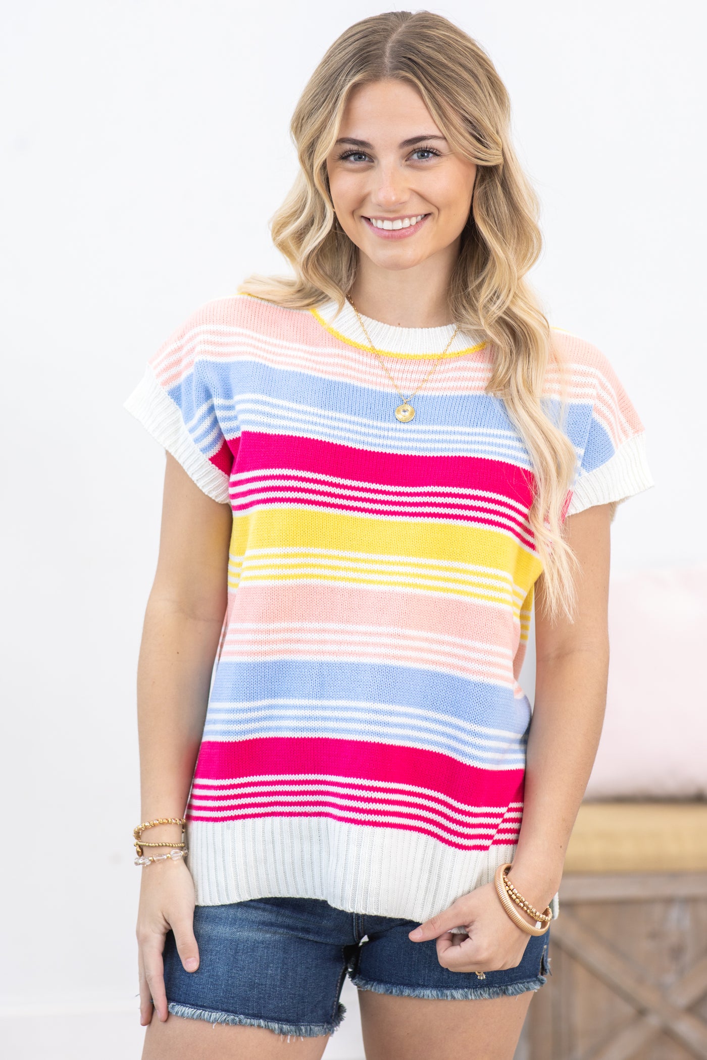 Hot Pink Dolman Multicolor Stripe Knit Top