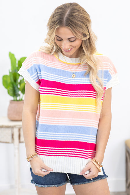 Hot Pink Dolman Multicolor Stripe Knit Top