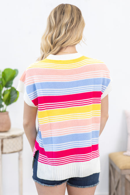 Hot Pink Dolman Multicolor Stripe Knit Top