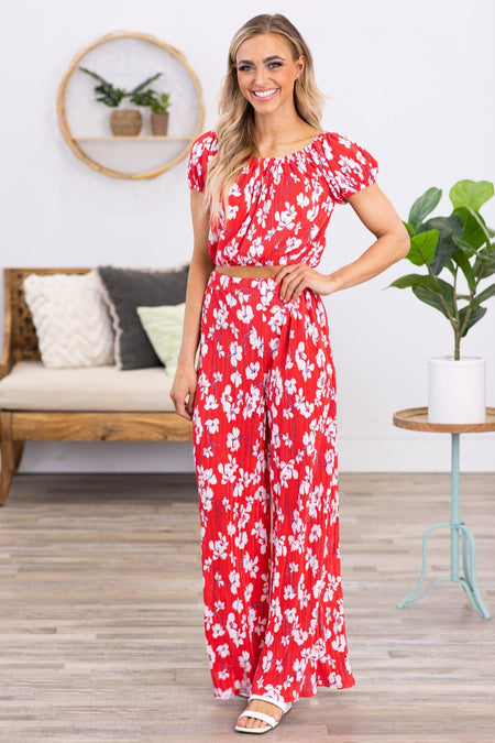 Red Crystal Pleat Floral Print Wide Leg Pants - Filly Flair