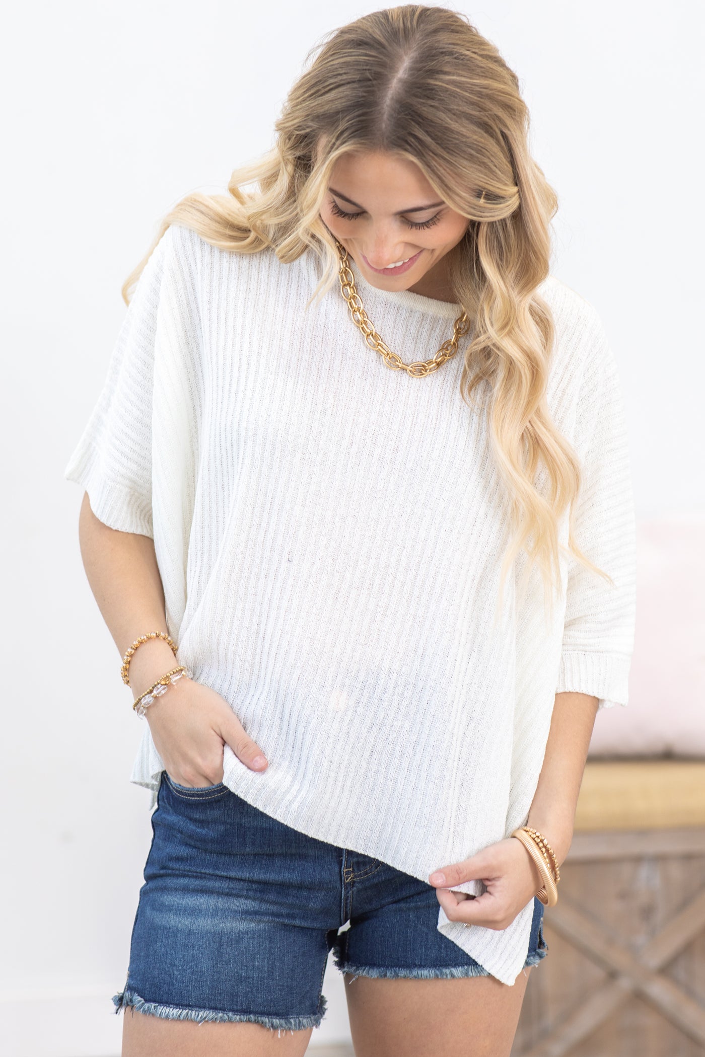 Ivory Dolman Short Sleeve Oversized Knit Top