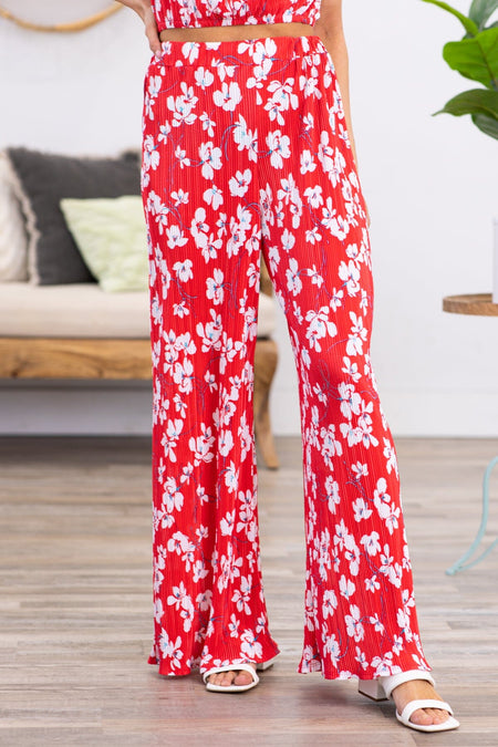 Red Crystal Pleat Floral Print Wide Leg Pants - Filly Flair