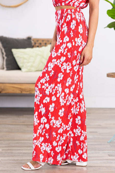 Red Crystal Pleat Floral Print Wide Leg Pants - Filly Flair