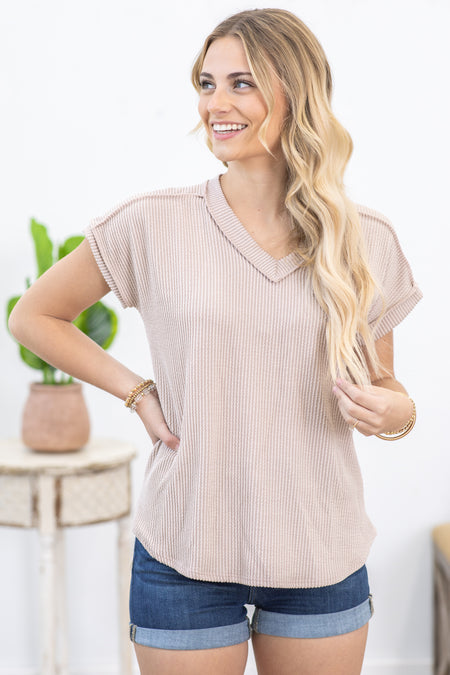 Beige Ribbed V-Neck Knit Top