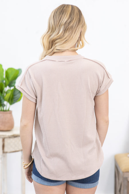 Beige Ribbed V-Neck Knit Top