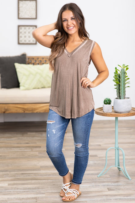 Mocha Washed V-Neck Raw Hem Tank - Filly Flair