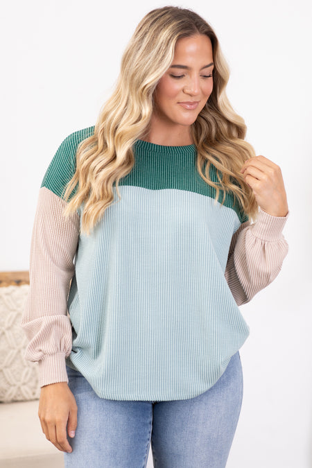 Ribbed Colorblock Long Sleeve Knit Top