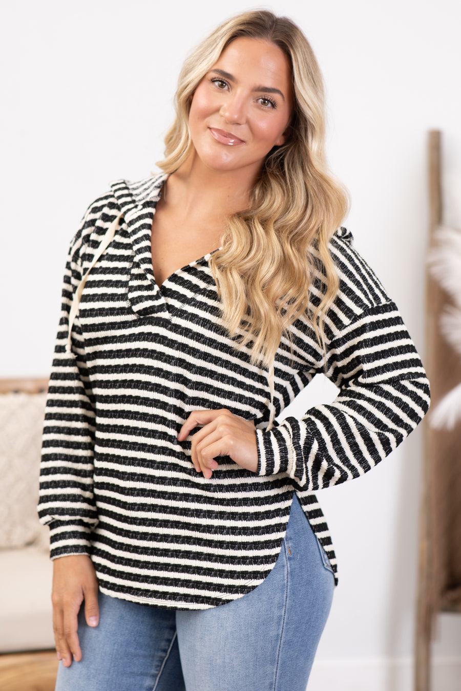 Black and Ivory Long Stripe Hoodie Top