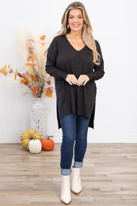 Charcoal V-Neck Lightweight Sweater