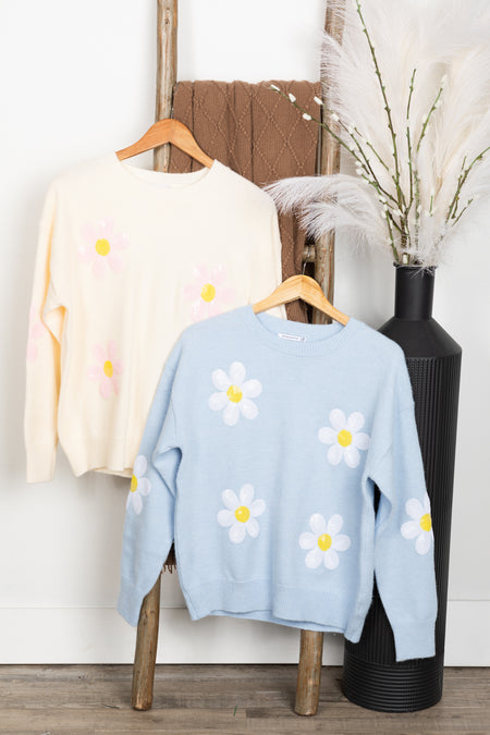 Knit Sweater With Sequin Flowers