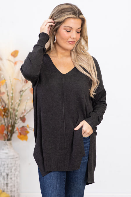 Charcoal V-Neck Lightweight Sweater