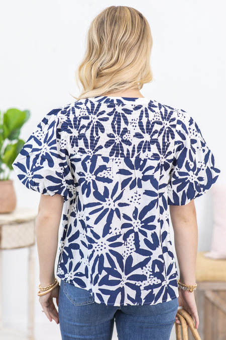 Navy Flower Print Tie Neck Woven Top