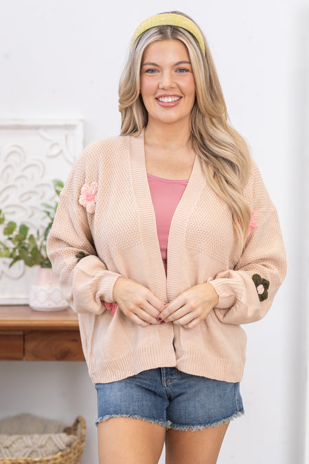 Tan Multicolor Floral Applique Cardigan