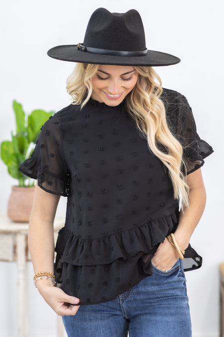 Black Swiss Dot Babydoll Woven Top