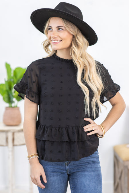 Black Swiss Dot Babydoll Woven Top