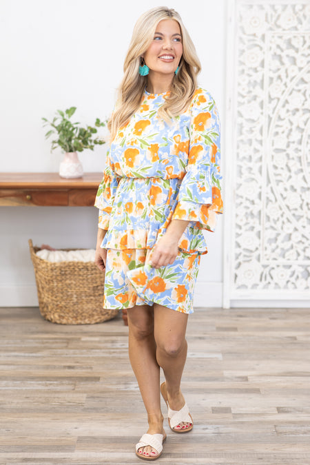 Orange and Blue Floral Tiered Ruffle Dress