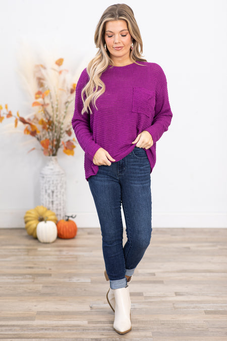 Dark Orchid Waffle Knit Sweater With Pocket