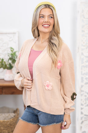 Tan Multicolor Floral Applique Cardigan