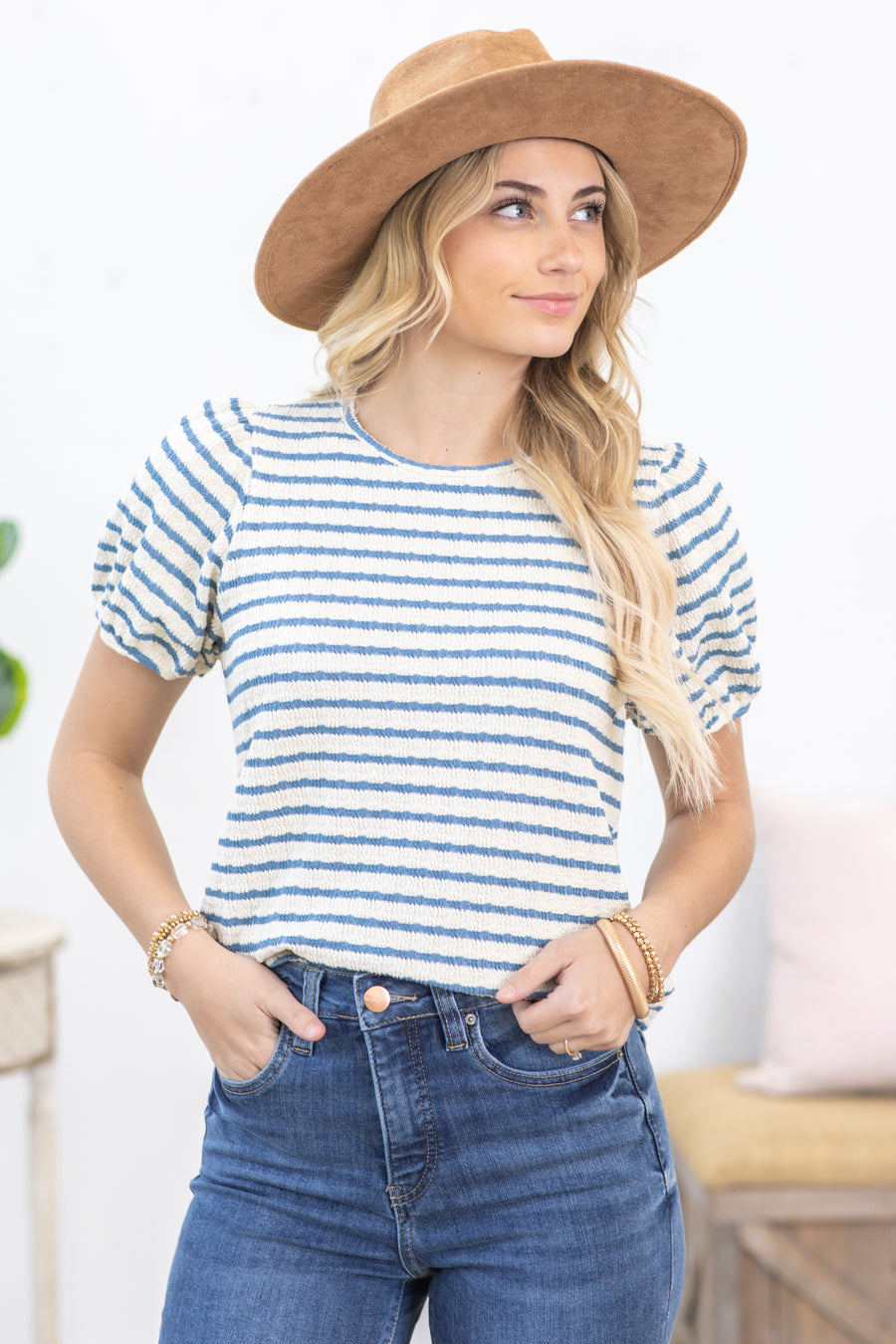 Dusty Blue And Beige Textured Stripe Knit Top