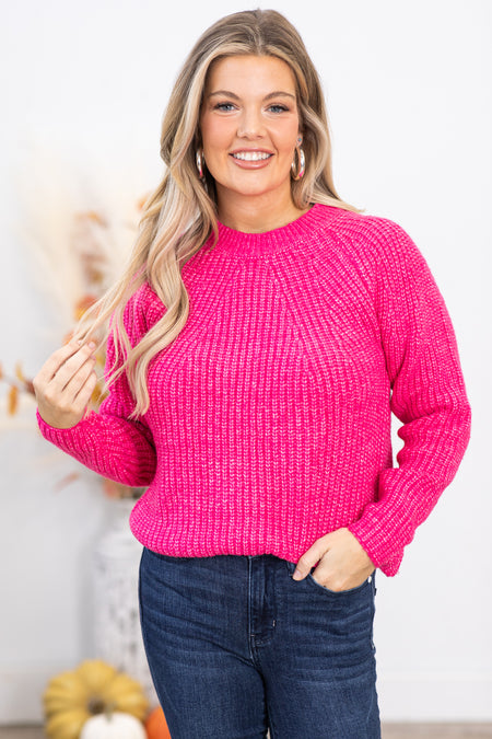 Hot Pink Ribbed Round Neck Sweater