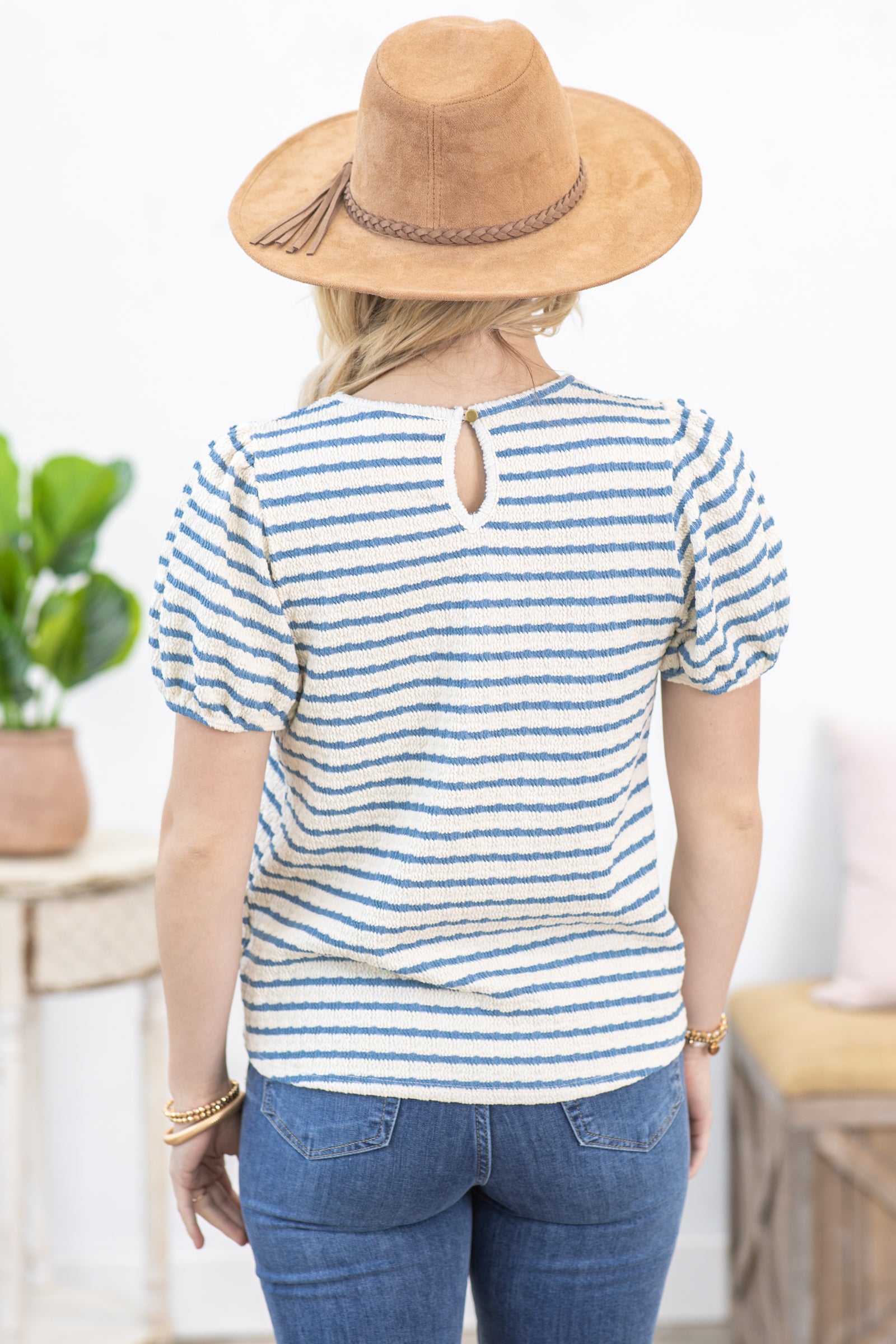 Dusty Blue And Beige Textured Stripe Knit Top