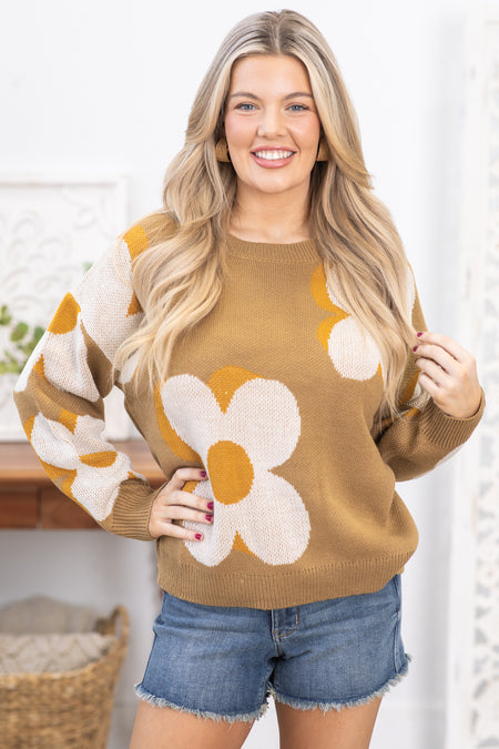 Mocha and Off White Floral Intarsia Sweater