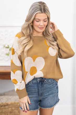 Mocha and Off White Floral Intarsia Sweater