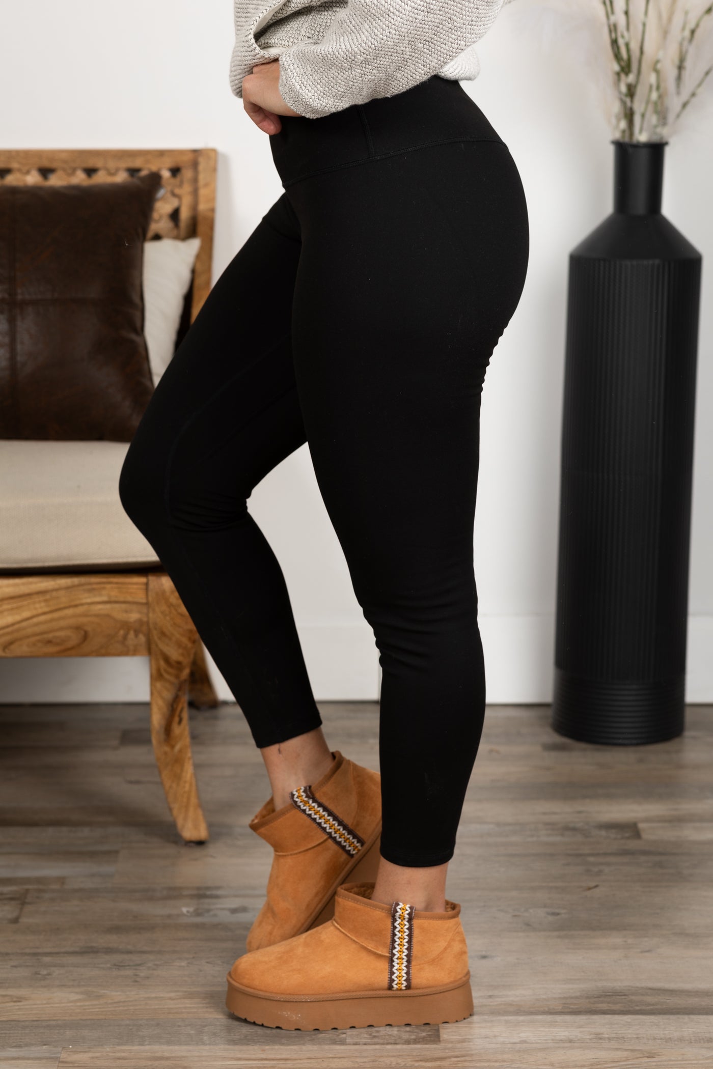 Black Wide Waistband Fleece Lined Leggings