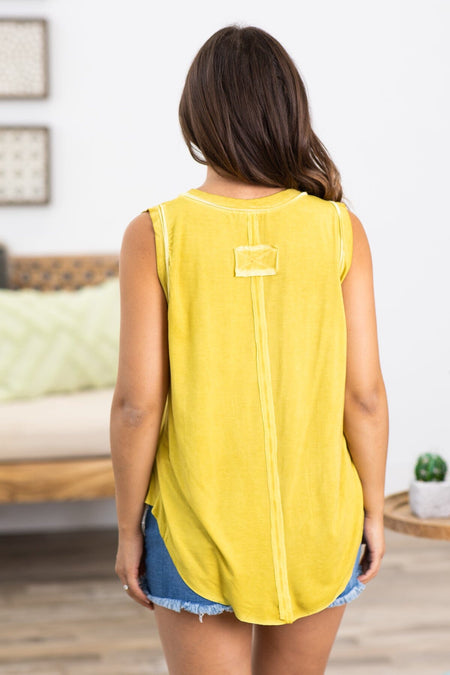 Light Olive Washed V-Neck Raw Hem Tank - Filly Flair