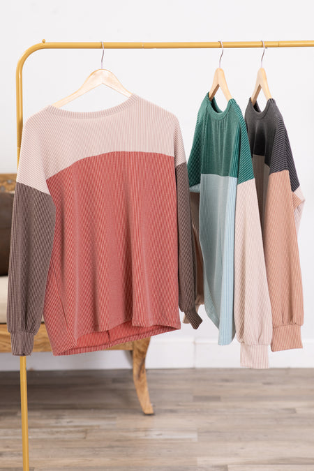 Ribbed Colorblock Long Sleeve Knit Top