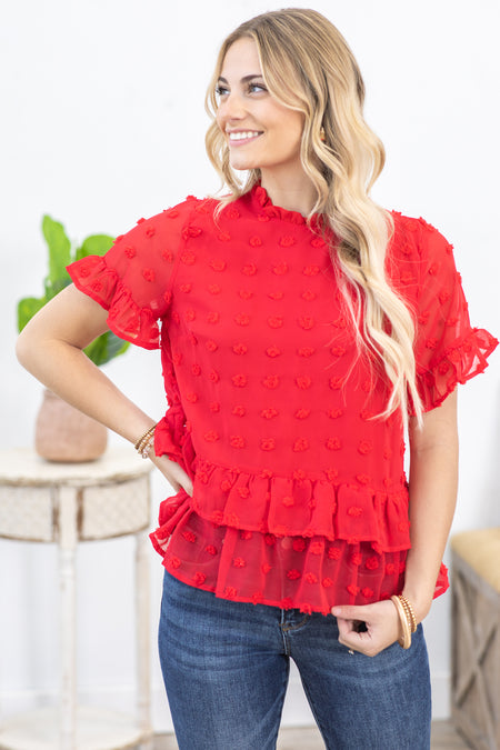 Red Swiss Dot Babydoll Woven Top