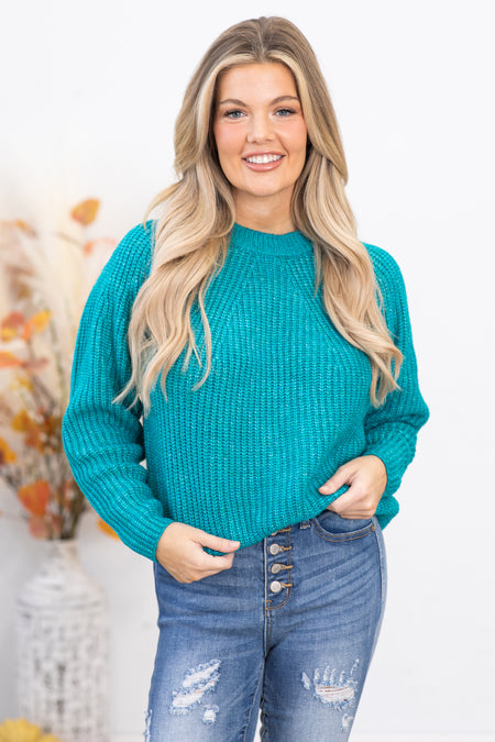 Teal Ribbed Round Neck Sweater