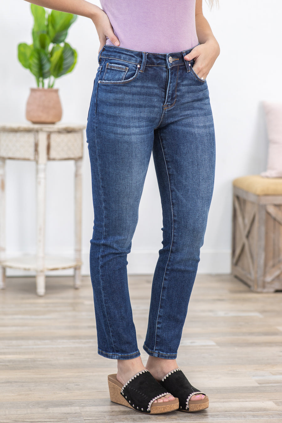 Risen Mid Rise Ankle Straight Slim Jeans