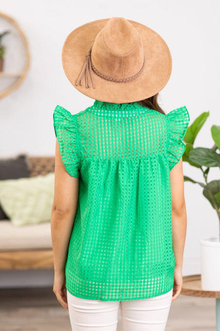 Green Tonal Gingham Flutter Sleeve Top - Filly Flair