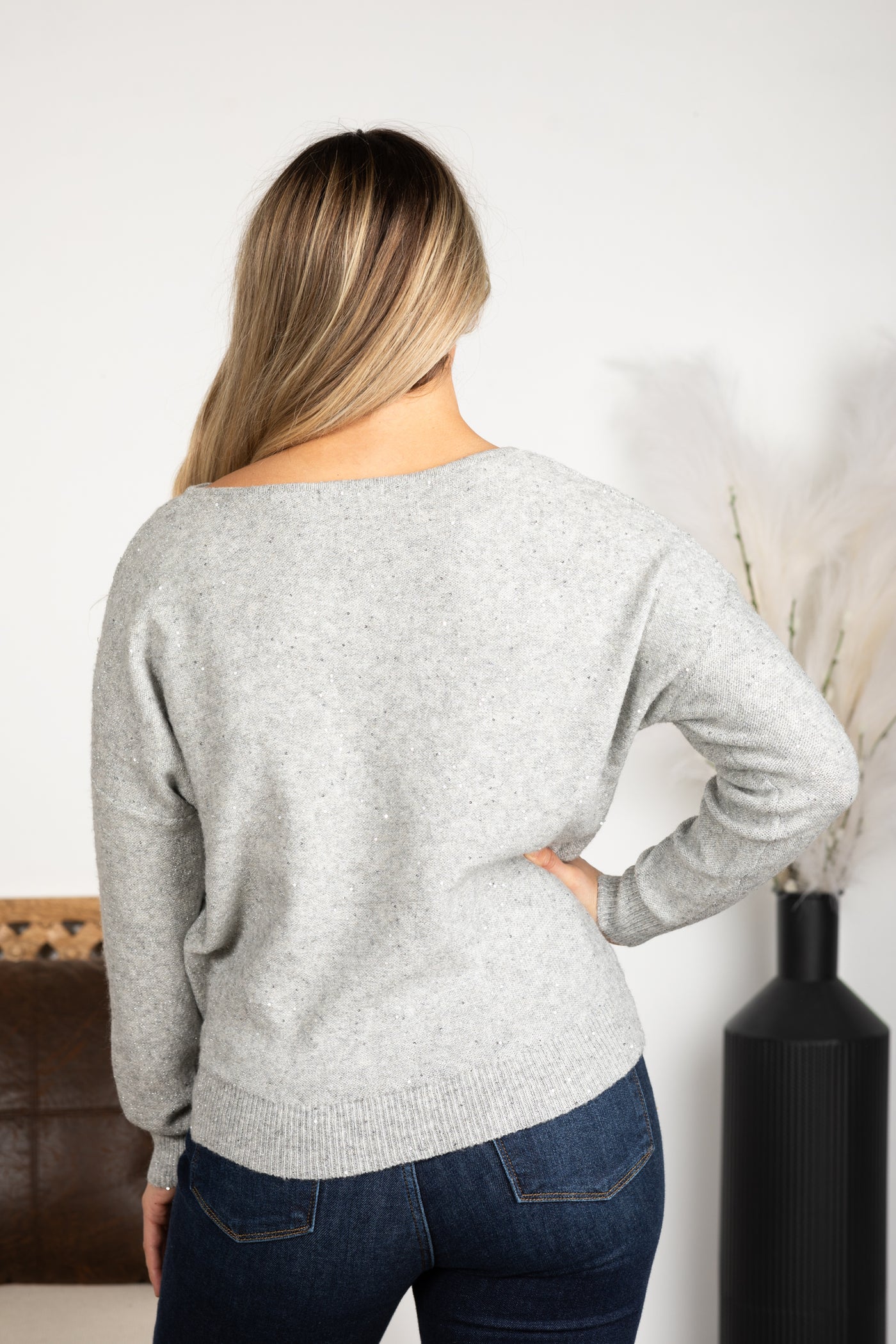 Grey Beaded Yarn Boat Neck Sweater