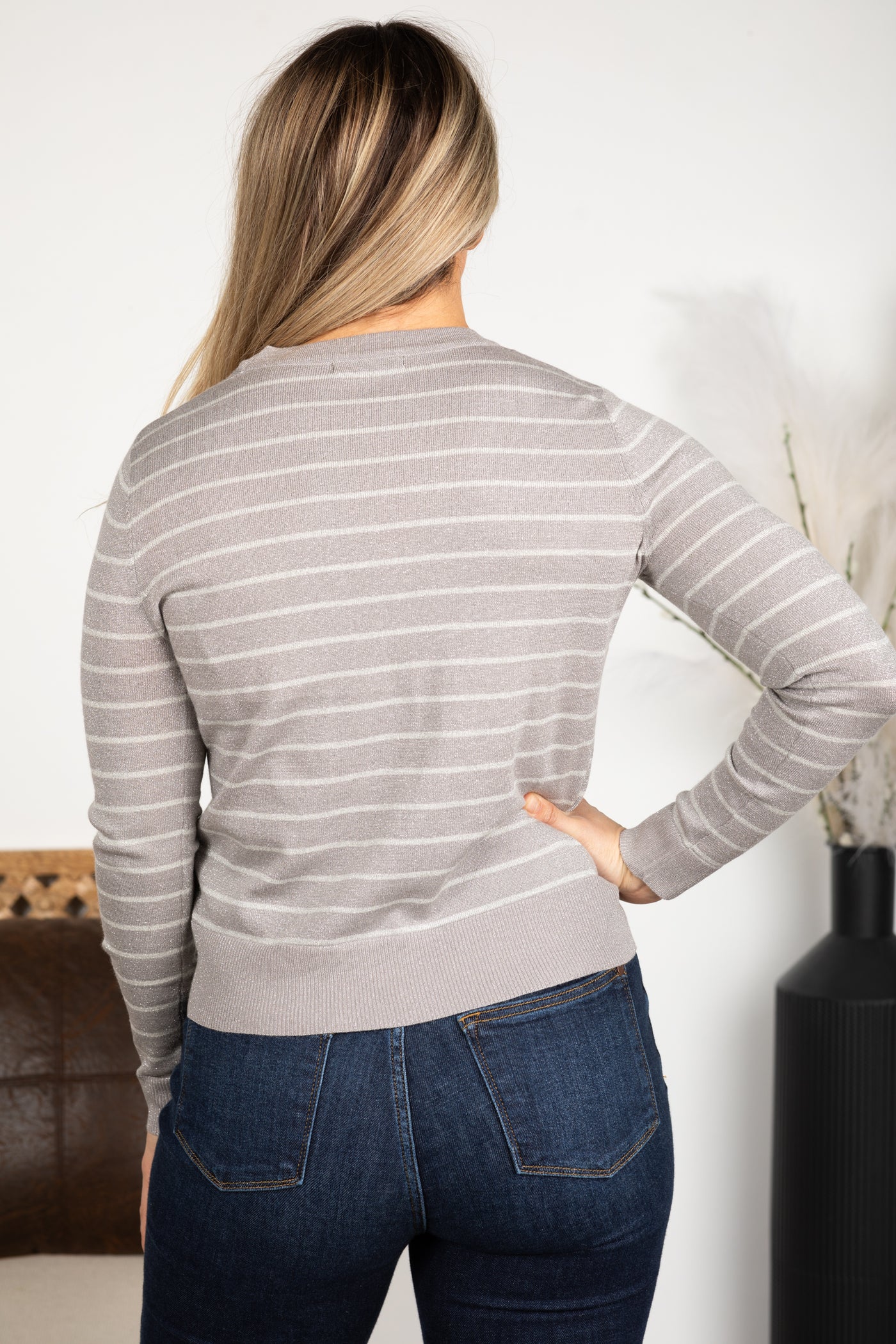 Grey And White Stripe Lurex Knit Sweater