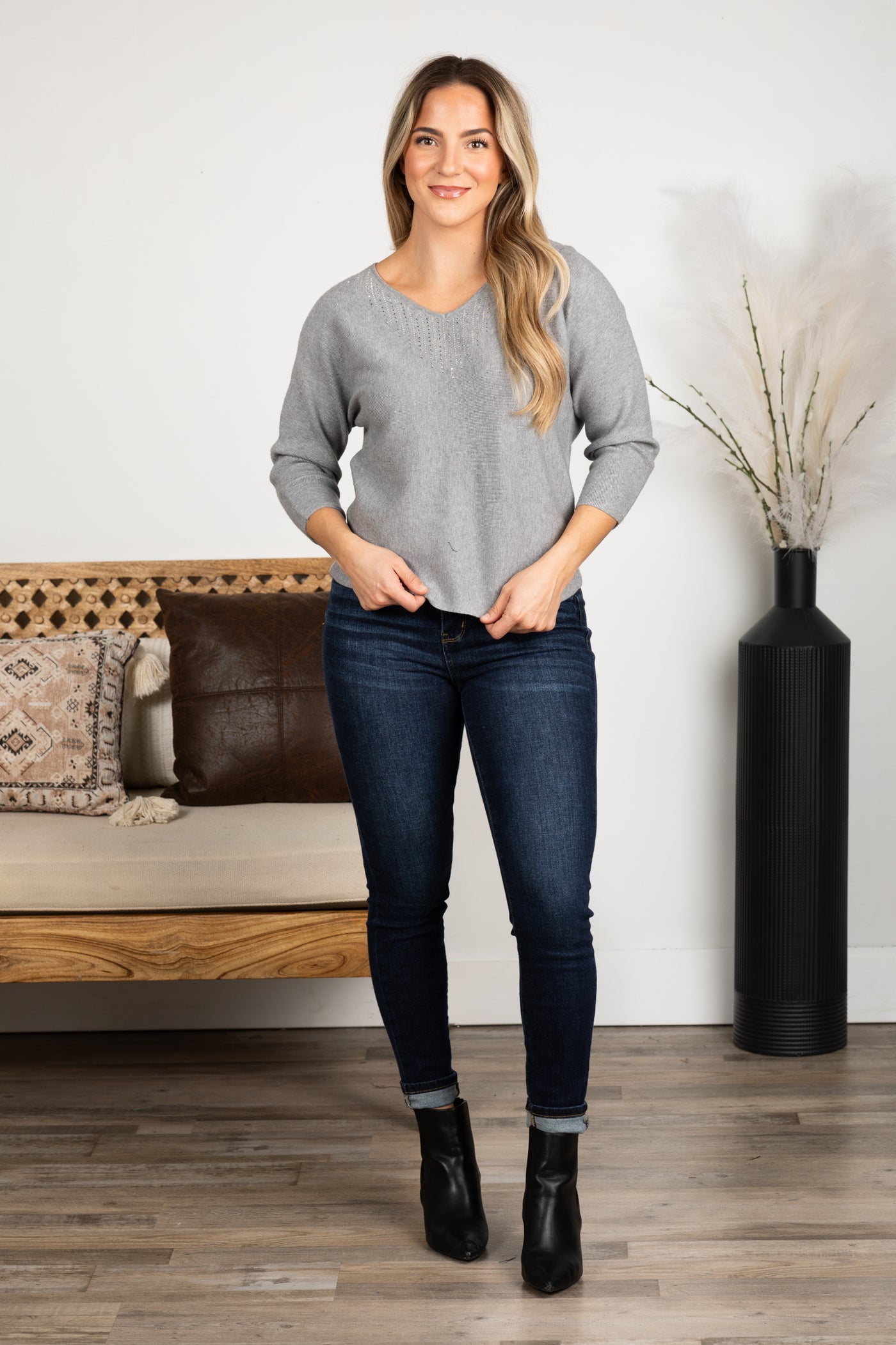 Grey V-Neck Stone Detail Knit Sweater Top