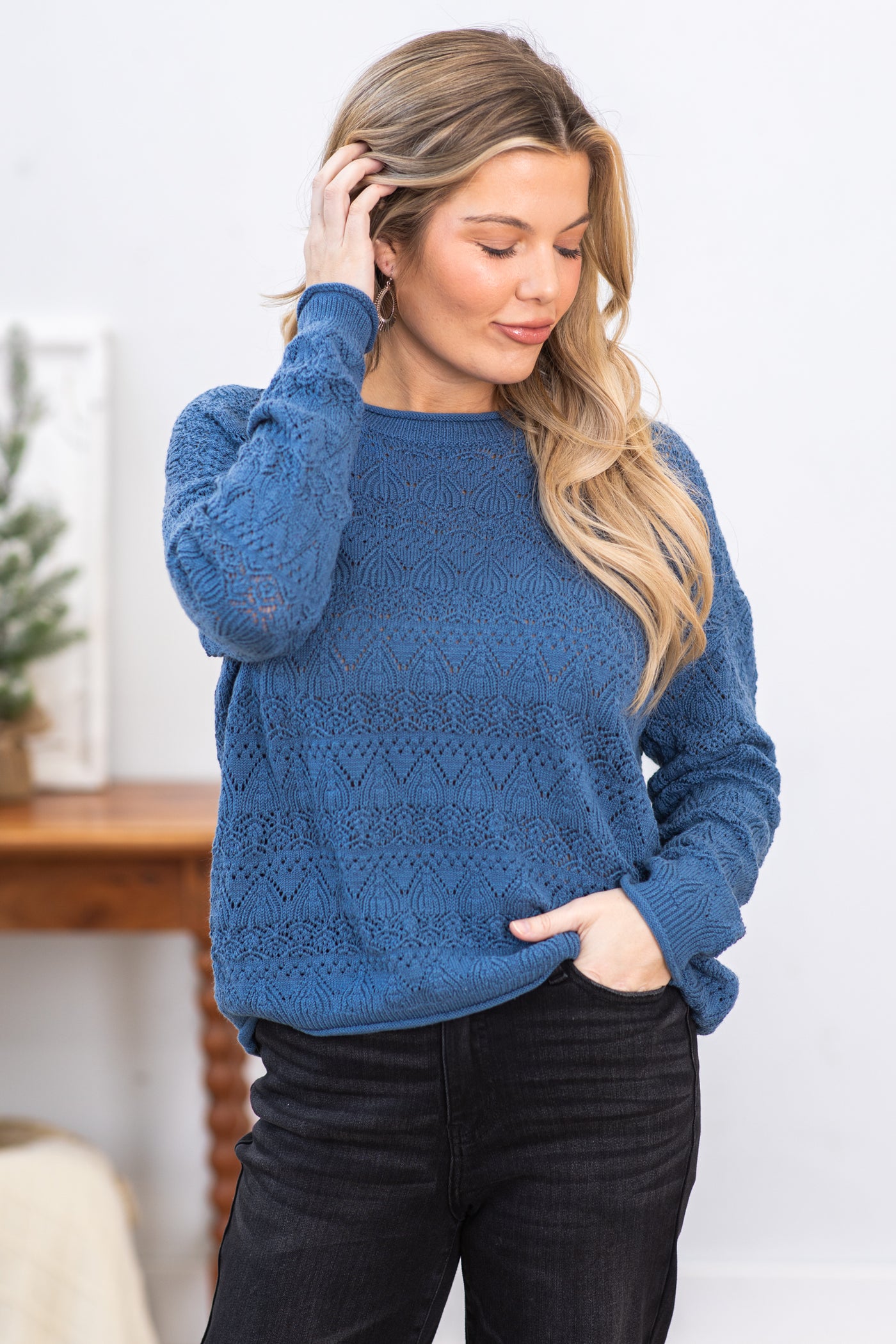 Dusty Blue Crochet Detail Knit Sweater