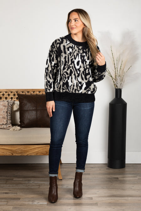 Black Animal Print Crewneck Sweater