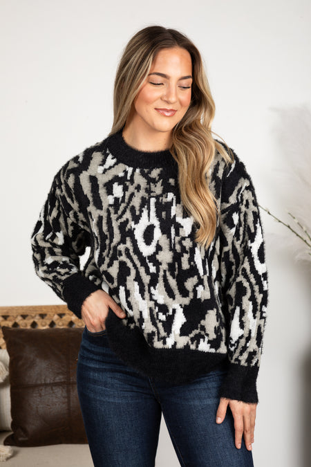 Black Animal Print Crewneck Sweater