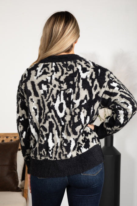 Black Animal Print Crewneck Sweater