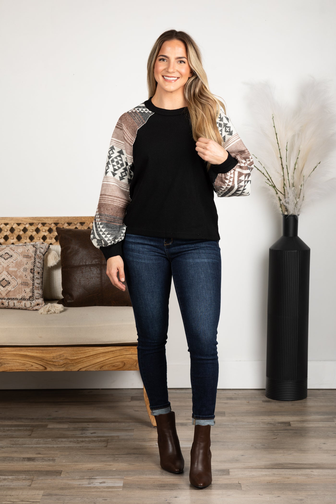 Black Aztec Print Sleeve Knit Top