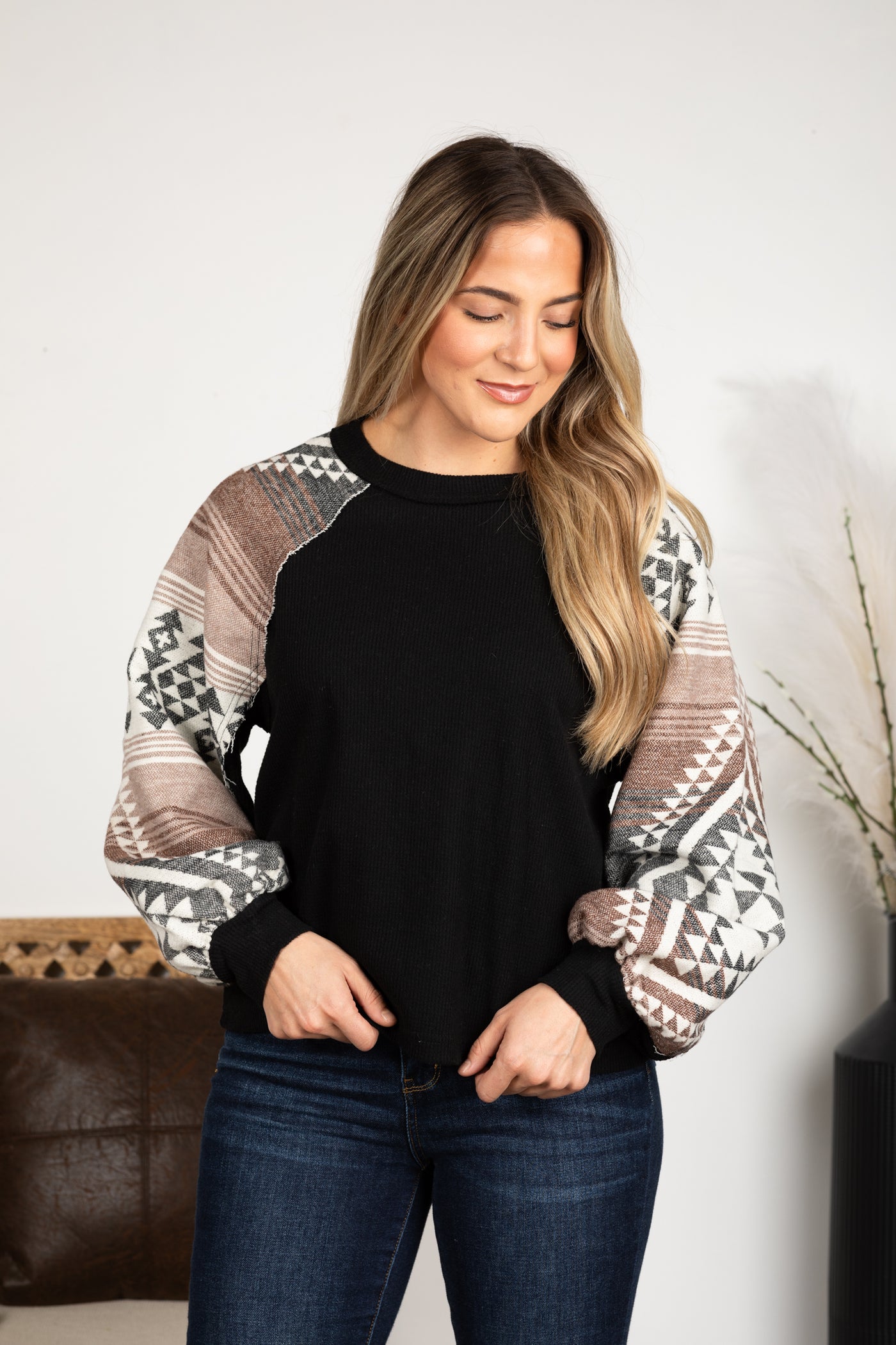 Black Aztec Print Sleeve Knit Top