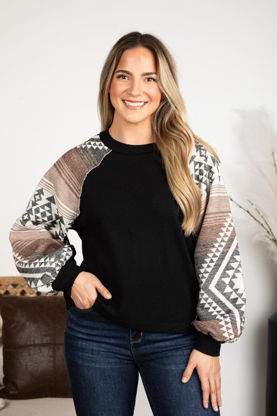 Black Aztec Print Sleeve Knit Top