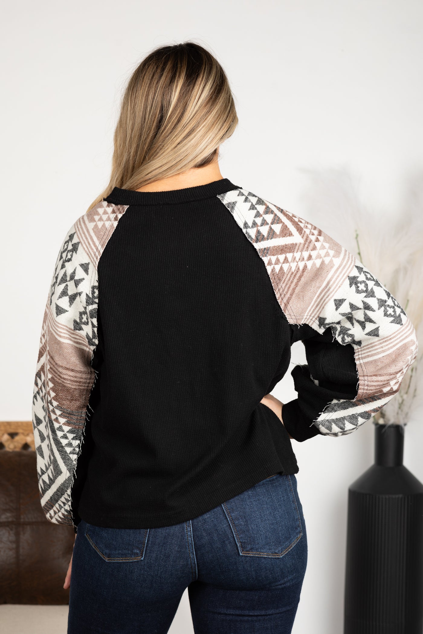 Black Aztec Print Sleeve Knit Top