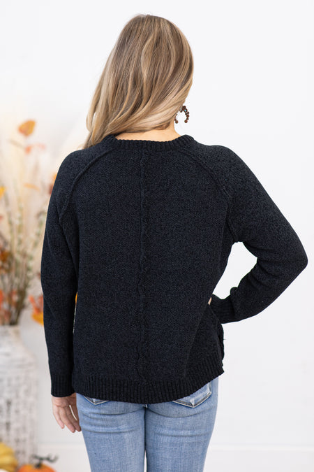 Black Raglan Sleeve Chenille Sweater