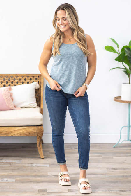 Dusty Blue Slub Rib Knit Tank Top