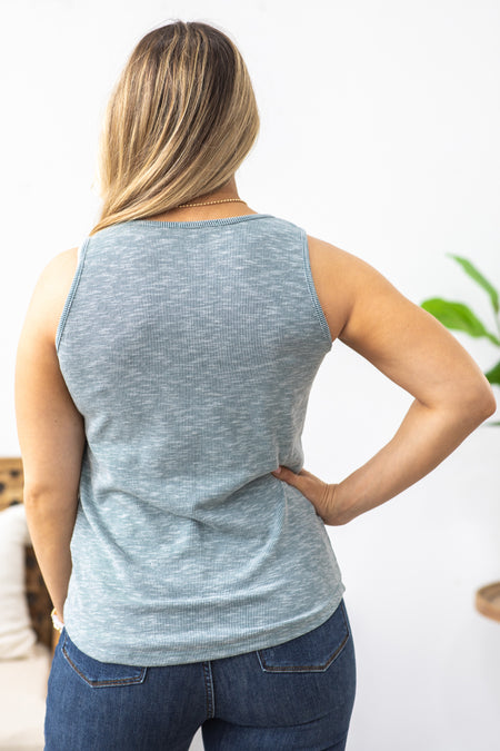 Dusty Blue Slub Rib Knit Tank Top