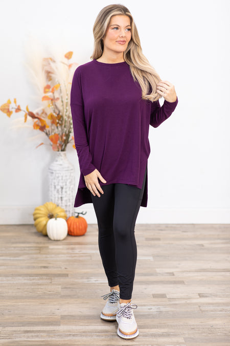 Eggplant Dolman Sleeve Top With Side Slit