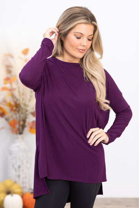 Eggplant Dolman Sleeve Top With Side Slit